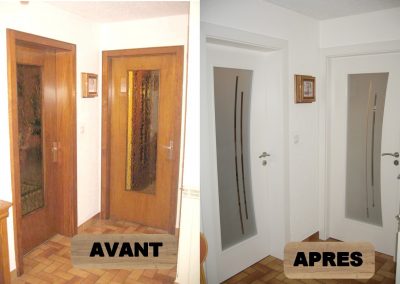 RENOVATION PORTES INTERIEURES DEPOSE ET REMPLACEMENT AVEC CHAMBRANLE ET PORTE VITREE DEPOLI SUR MESURE ET CHAMBRANLE HUGA DURAT GAMA 68