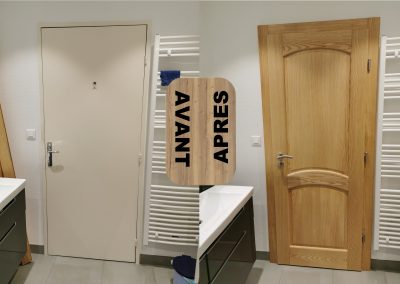 RENOVATION PORTES INTERIEURES HABILLAGE HUISSERIE METALIQUE AVEC CHAMBRANLE ET PORTE MASSIVE REYMOND FRENE + FINITION NATURELLE GAMA 68