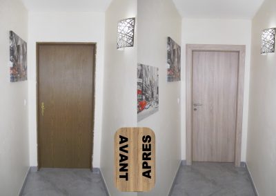 RENOVATION PORTES INTERIEURES HABILLAGE HUISSERIE METALIQUE AVEC CHAMBRANLE STRATIFIE HUGA DURAT CHENE RABOTE GAMA 68