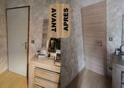 RENOVATION PORTES INTERIEURES HABILLAGE BLOC PORTE AVEC CHAMBRANLE STRATIFIE HUGA DURAT CHENE GRIS GAMA 68