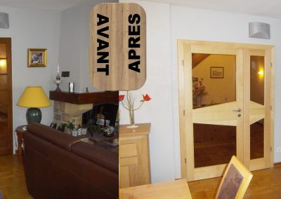 RENOVATION PORTES INTERIEURES HABILLAGE HUISSERIE METALIQUE AVEC CHAMBRANLE ET PORTE MASSIVE S12 REYMOND FRENE + FINITION NATURELLE ET VITRAGE GAMA 68