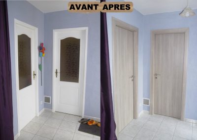 RENOVATION PORTES INTERIEURES HABILLAGE BLOC PORTE AVEC CHAMBRANLE STRATIFIE HUGA DURAT CHENE GRIS GAMA 68