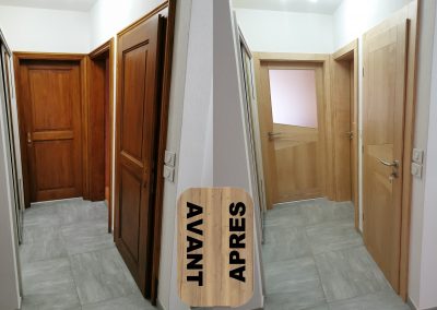 RENOVATION PORTES INTERIEURES REMPLACEMENT CHAMBRANLE PORTE ET CHAMBRANLE MASSIF REYMOND FRENE SELECTION VERNIS NATUREL GAMA 68