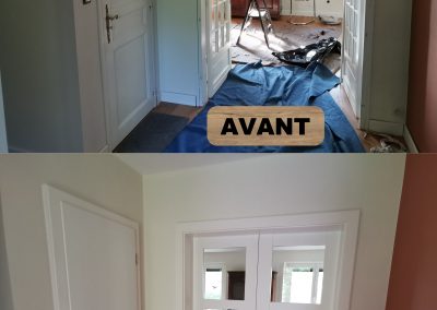RENOVATION PORTES INTERIEURES HABILLAGE HUISSERIE METALIQUE CHAMBRANLE STRATIFIE + PORTE LAQUEE VITREE HUGA DURAT GAMA 68