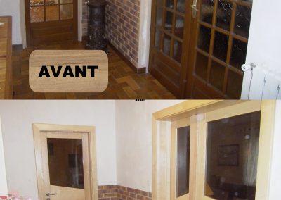 RENOVATION PORTES INTERIEURES HABILLAGE HUISSERIE METALIQUE AVEC CHAMBRANLE ET PORTE MASSIVE REYMOND FRENE + FINITION VERNIS NATUREL VITRAGE BRONZE GAMA 68