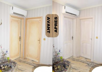 RENOVATION PORTES INTERIEURES HABILLAGE HUISSERIE METALIQUE AVEC CHAMBRANLE ET PORTE MASSIVE REYMOND FRENE + FINITION VOILE BLANC GAMA 68